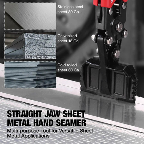 Heavy Duty 3 Inch Sheet Metal Bender And Hand Seamer Tool With Ergonomic Handle And Smooth Jaw, Pro Grade Steel Brake Pliers on metal sheets.