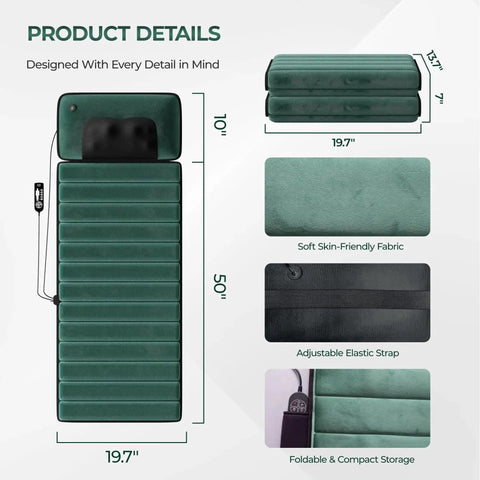 Product details of Ultimate Full Body Massage Mat With Heat And Detachable Neck Massager, showcasing dimensions, fabric, and strap attributes.
