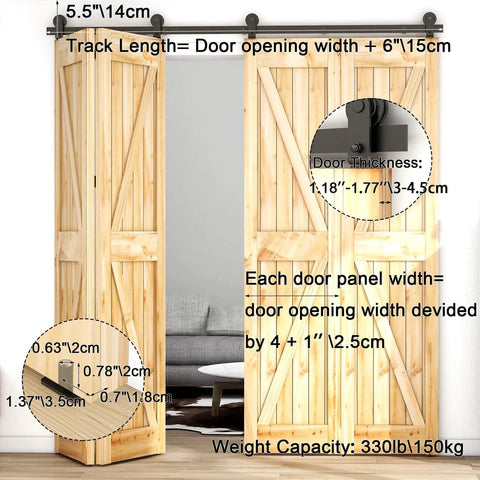 Heavy Duty 6ft Barn Door Bi-Folding Hardware Kit For Four Panels, Sliding Track System, carbon steel, frosted black finish