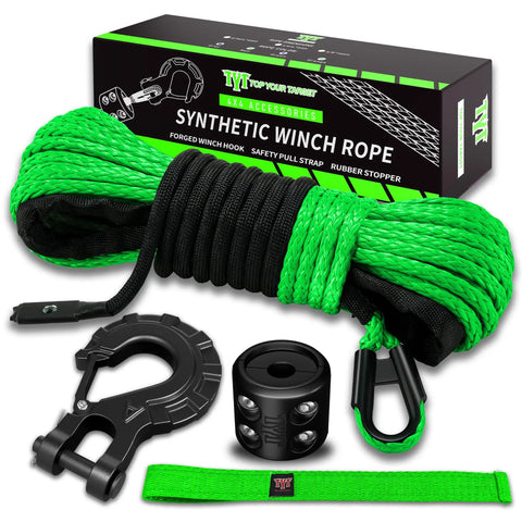 Synthetic Winch Rope Kit For ATV UTV And Off Road Vehicles One Quarter Inch By Fifty Foot 10000 Lbs with rubber stopper and hook