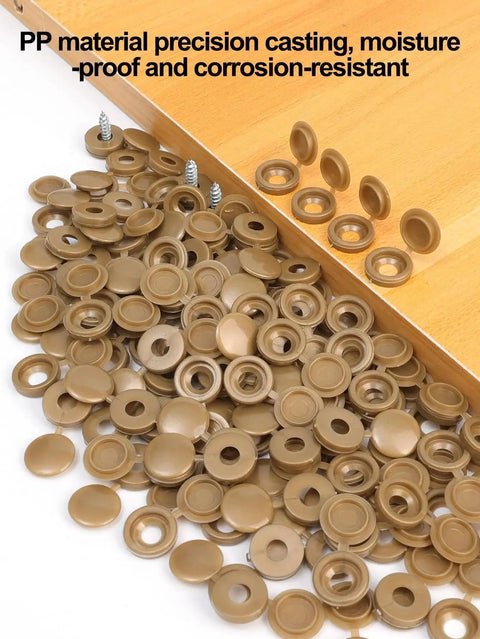 Brown plastic screw cover caps showcased with wood panel, highlighting precision casting, moisture-proof and corrosion-resistant features.