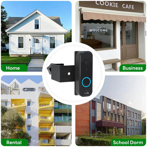 Anti Theft Doorbell Camera Mount For MyQ Video Doorbell With Anti Block Motion Sensor, Adjustable Bracket For Homes Apartments Offices Rentals Black For Easy Install displayed against different building types.