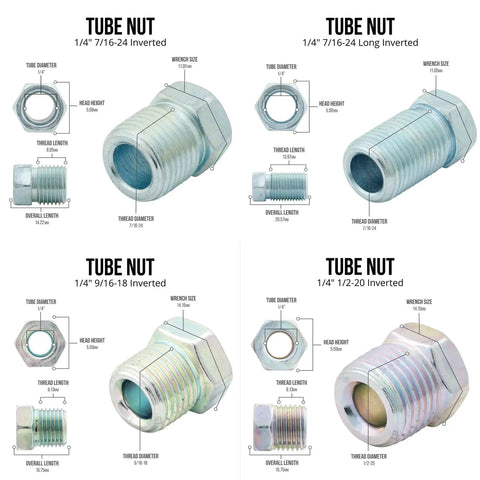 Tube Nut fittings collage: four inverted-flare 1/4 brake-line nuts in sizes 7/16-24, long 7/16-24, 9/16-18, 1/2-20