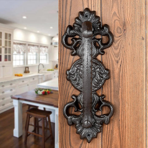 Heavy Duty 2 Pack 5.46 Inch Dark Brown Cast Iron Barn Door Handles Rustic Vintage Gate Fence Outdoor Garage Closet Cabinet Drawer Pulls Sturdy Rust Resistant Long Lasting With Retro Charm installed on wooden door