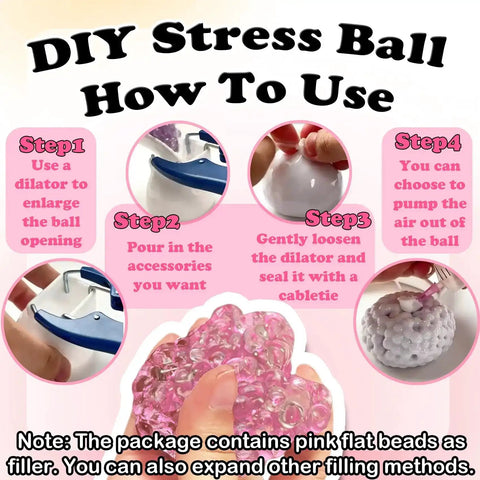 DIY Stress Ball Making Kit instructions with pink beads, sealing rubber rings, cable ties, and balloon expander for stress relief