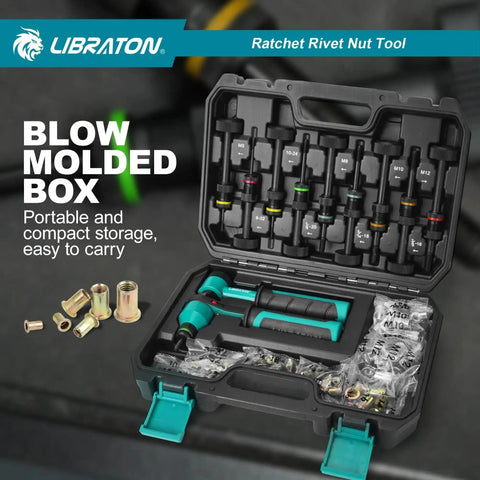 Pro Grade Rivet Nut Tool Kit With Ratchet Action For Auto Projects, Nutsert Gun With 10 SAE And Metric Mandrels in carry case