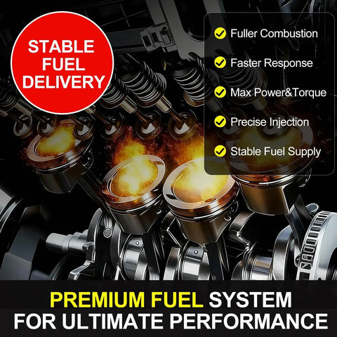Illustration highlighting benefits of stable fuel delivery for premium fuel systems with combustion and performance features.