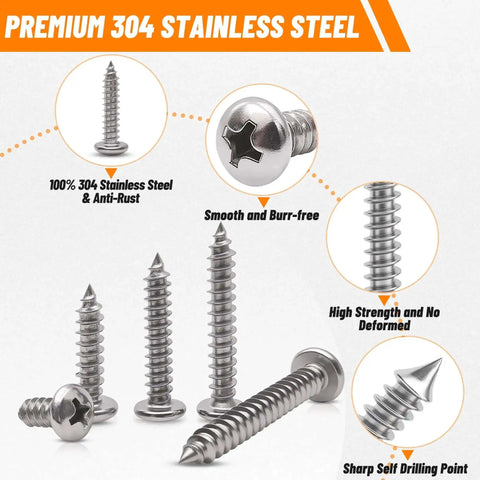 Stainless Steel Screw Set With Black Finish Pro Grade Multi Size Assortment From Four To Twelve Phillips Pan Head Self Tapping Screws