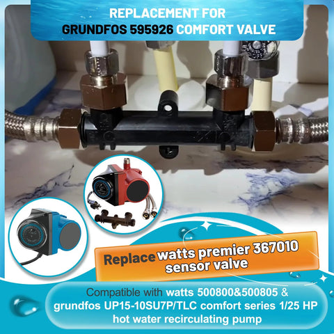 Sensor valve for Watts/Grundfos hot water recirculation systems; black plastic bypass valve with brass fittings