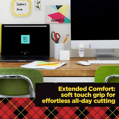 Workspace with Precision Ultra Edge 8 Inch Non-Stick Scissors in holder, surrounded by office desk items and computers