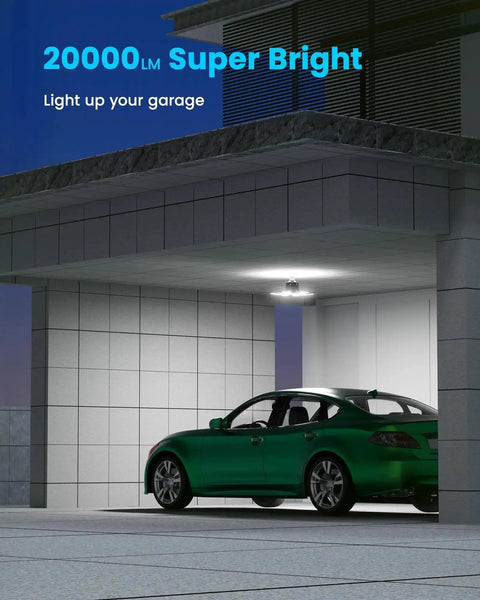 Garage lit by 200W 20000LM Deformable LED Shop Lighting with Motion Sensor, Remote, Dual Wall Switch.
