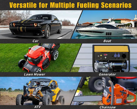 Collage showing a car, boat, lawn mower, generator, ATV, and chainsaw for Auto Stop Fuel Transfer Pump 3.2 GPM Gas Can Pump With 51in Hose No Spill usage