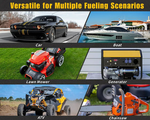 Various vehicles and equipment including car, boat, lawn mower, generator, ATV, and chainsaw for versatile refueling scenarios
