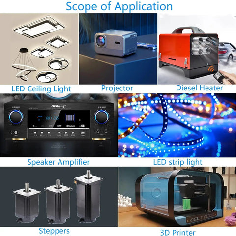 Applications of Beefy 24V 25A 600W DC Power Supply Adapter SMPS including LED ceiling lights, projectors, heaters, amplifiers, and 3D printers.