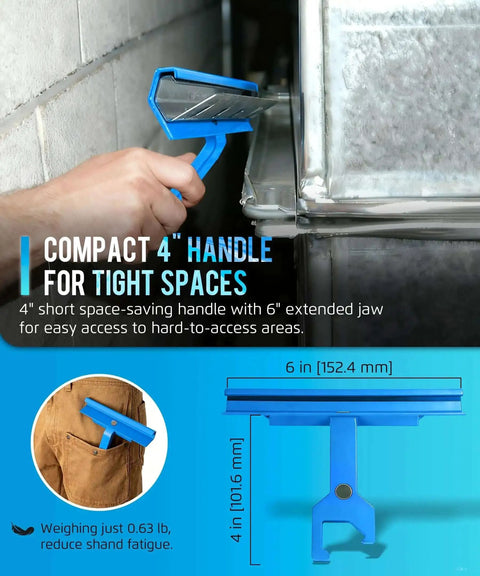 Person using One-Handed Magnetic Duct Cleat Tool For TDC TDF PPC PPF Clips, 4 Inch Handle, in tight HVAC space.