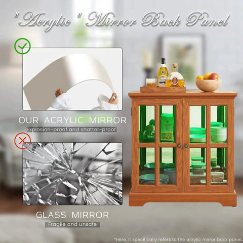 32 Inch LED Accent Curio Cabinet With Seven Color Lights For Collectibles, Cool Glass Display Case With Tempered Glass Doors, Dark Oak Finish with acrylic mirror comparison