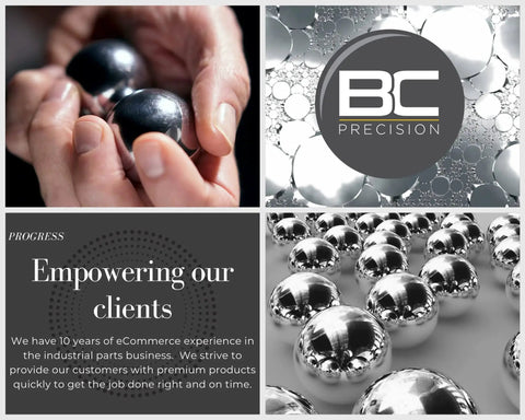 Collage including hands holding chrome balls, BC Precision logo, chrome balls close-up, text on industrial client service