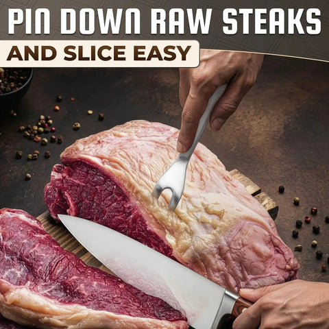 Meat Carving Fork 11 Inch Stainless Steel With Ergonomic Two Prong Handle piercing raw steak on cutting board with knife