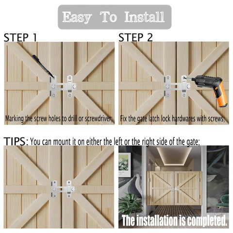 Installation steps for Four Pack 4 Inch Stainless Steel Gate Latches For Outdoor Fence Barn Doors Sliding Lock Hardware Black Finish Flip Latches For Cabinets Windows Closets Bifold Doors Durable Easy Install Built To Last.