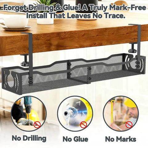No-Drill Under Desk Cable Tray Organizer attached under a wooden desk with clamp mount, showcasing metal wire construction and no-tools installation.