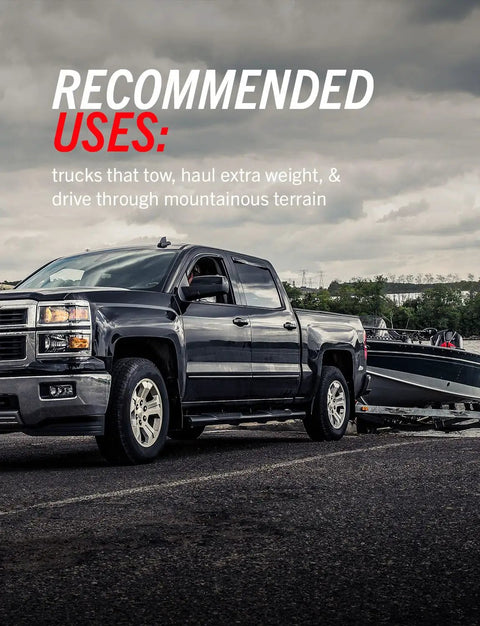 PowerStop front brake kit — side view of a dark gray pickup truck towing a boat trailer under a cloudy sky.