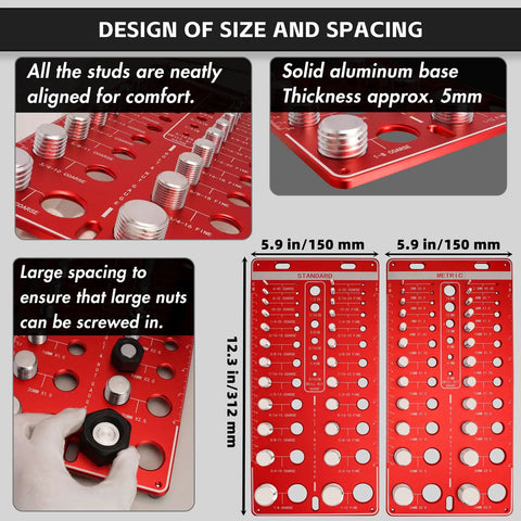 48 Thread Checker For Imperial And Metric Threads With 24 Standard And 24 Metric Sizes And 12 Drill Bit Gauge Pro, Bolt Nut Thread Identifier Board And Screw Measurement Tool Red By GIMYUAN showing design and spacing of studs and base.