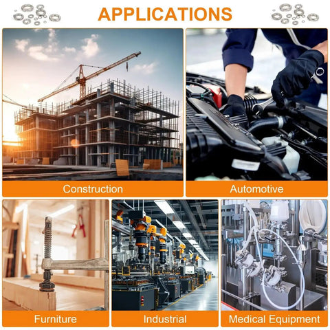 Applications of Must-Have 530 Pcs Spring Lock Washer Set With Metric And SAE Sizes M3 To M10 And 1/4 To 3/8 Stainless Steel 304 in construction, automotive, furniture, industrial, and medical equipment