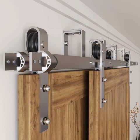 Brushed Nickel Double Track U Shape Bypass Sliding Barn Door Hardware Kit For Two Doors 5.5 Ft Flat Track installed view