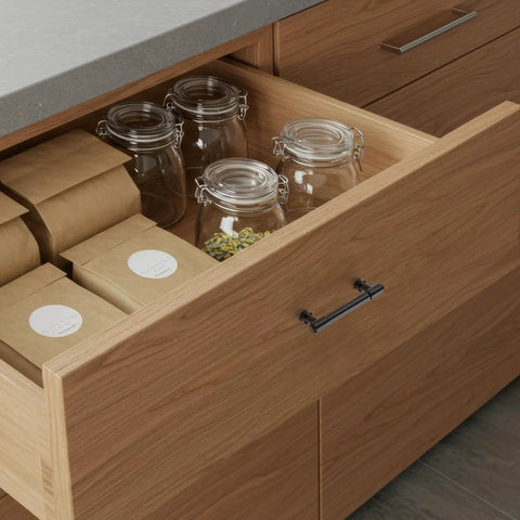 10 Pack Matte Black Kitchen Cabinet Handles With Three Inch Hole Center Solid Zinc Alloy Dresser Drawer Pulls shown on wooden drawer