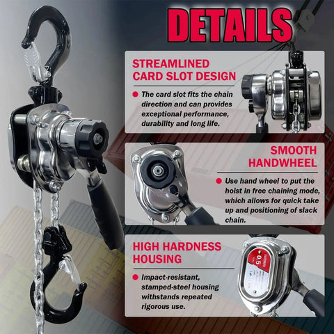 Chrome Mini Lever Block Hoist 1100lbs 5ft Come Along Chain Hoist details with card slot design, handwheel, and housing features