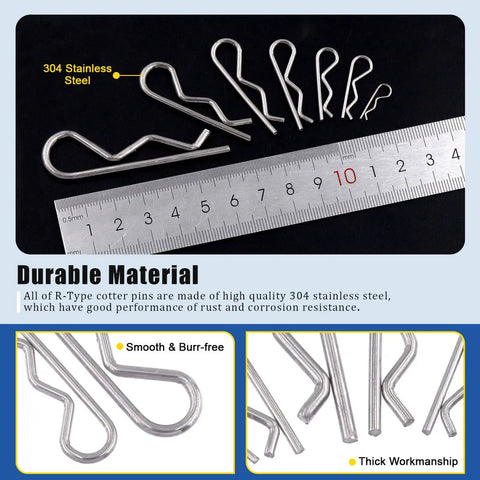 R Clip Cotter Pin Kit 110 Pcs In 304 Stainless Steel With 7 Sizes For Automotive Cars Trucks Lawn Mower DIY Friendly Gear For Small Engine Repair Glarks displayed with ruler