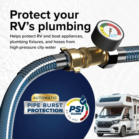Brass RV water pressure regulator with gauge connected to a blue braided hose; Amazon brand.
