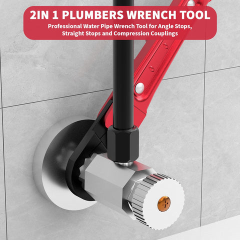 2 In 1 Plumbing Wrench Kit For Angle Stop And Supply Nut Installations on a pipe fitting, showing red handle and compression nuts.