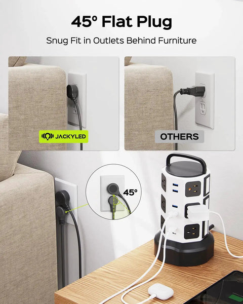 12 Outlet Surge Protector Tower With 6 USB Ports And 2 USB-C, 6.5 Foot Extension Cord For Home Office Setup, shown behind furniture