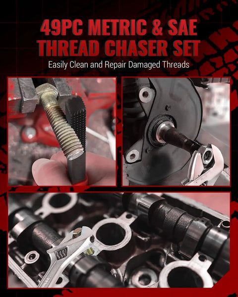 Thread Chaser Set With 22 Taps And 24 Dies For UNC UNF Metric Rethreading used on vehicle threads.
