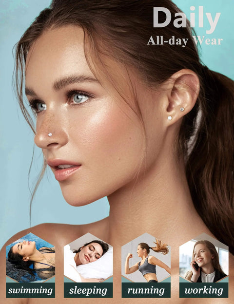 Woman wearing Dope Threadless Nose Ring Set In 14K Gold Filled, 20G 18G 16G Nose Studs For Women And Men, shown in daily activities.