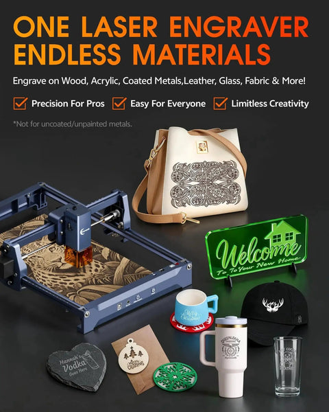 Powerful 10W Laser Engraver for Wood, Metal, Acrylic, Glass, Stone with Offline CNC Cutting Portable 7.9 by 11.8 Inch Engraving Bed Near A4 Ideal for DIY Projects, Home Hobbyists, and Small Shops Carverall K15 Pro Class 1 surrounded by engraved items like leather, wood, and glass.