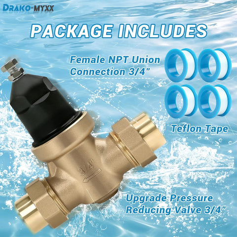 3/4 in NR3XL pressure reducing valve with double union FNPT connections, brass body, black cap; includes Teflon tape