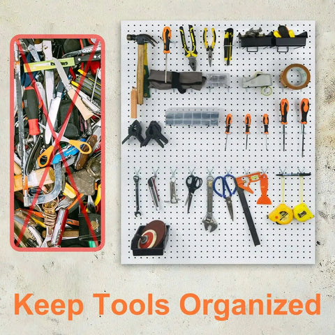 Pegboard Hooks And Accessories Kit For 1/8 Inch And 1/4 Inch Pegboards, 38 Piece Set With tools organized on a wall board