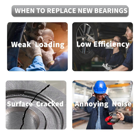 Signs of bearing replacement: weak loading, low efficiency, surface cracked, and annoying noise in various mechanical settings.