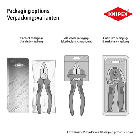 Knipex packaging options showing pliers in standard, self-service, and blister card packaging, three different styles for display