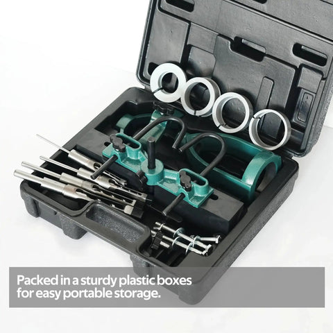Mortising Attachment Kit For Drill Press And Woodworking Pros With Locator, Press Block, Side Positioning Rod, Fixed Seat, And Four Chisel Sizes One Quarter Inch, Three Eighths Inch, One Half Inch, And Five Eighths Inch, High Quality Steel Drill Bit in case