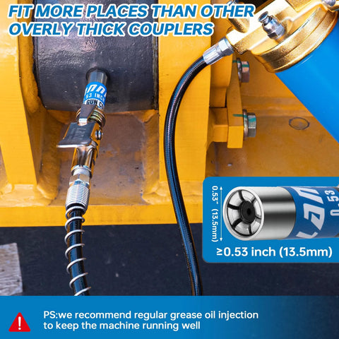 Grease gun coupler with locking quick-release tip, 0.53 inch, on flexible hose for 1/8" NPT grease fittings