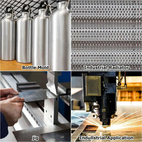 Collage of aluminum applications: bottle mold, industrial radiator, jig, and industrial machining, showcasing versatility of Six Pack 5052 Aluminum Sheet Metal 12x12 Inch.