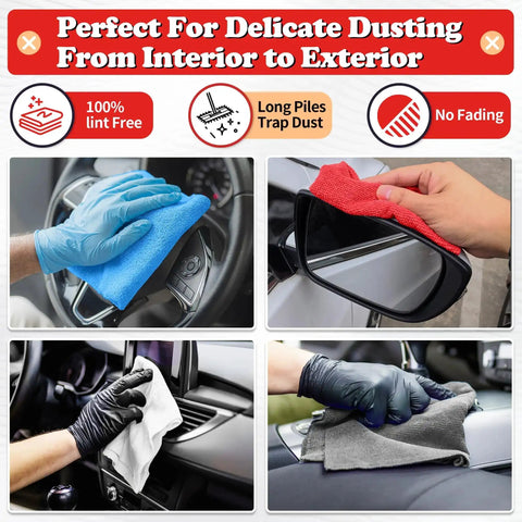 Bulk Microfiber Towels For Cars 24 Pack Absorbent Cleaning Cloths All Purpose Rags For Auto Garage And Shop Easy Wipe Dust Free Lint Free 11.5 By 11.5 Inches being used on car surfaces