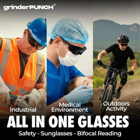 Industrial worker, medical professional, and cyclist wearing built in bifocal safety sunglasses with magnifier for reading and work.