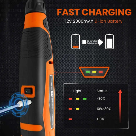 Side view of Beast 12V Cordless Rotary Tool Kit With 6 Speeds Up To 30000 RPM And 94 Accessories For DIY projects, showing battery indicator.