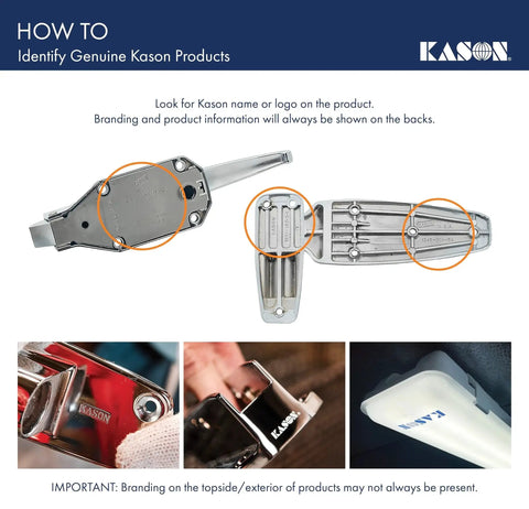 Identification guide for genuine Kason products showcasing branding locations on Wide Recessed Inside Release Handle with 6-Inch Length for 56 and 5656 Latches.