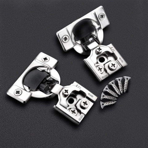Twenty Pack One Half Inch Overlay Soft Close Concealed Kitchen Cabinet Hinges Satin Nickel Three Way Adjustable For Face Frame Doors Self Closing Dampers Quiet Smooth Operation, shown in close-up view with screws