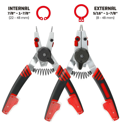 Two In One Snap Ring Pliers With Internal External Switch Reversible Design For Tool Free Quick Remove And Install Works On Internal Rings From Three Eighths To Two Inches And External Circlips From One Quarter To Two Inches Spring Loaded Tips Included